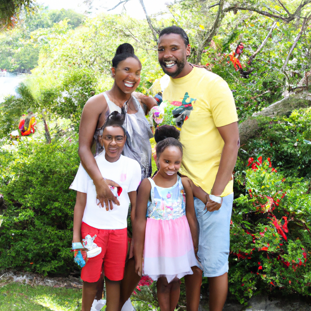 Famille lumineuse au jardin tropical